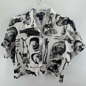 Hot Topic Womens Small White Skull, Anatomical Button Down Short Sleeve Shirt